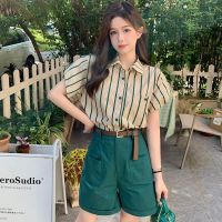 ஐ┇☌ Womens Striped Short-Sleeved Chiffon Shirt Summer Casual Lapel Puff Sleeve Blouse Fashion Retro Loose Tops Womens Clothing