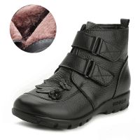 Big Size 43 Genuine Leather Womens Boots Luxury Fur Shoe Women Bohemian Floral Big Black Booties Ankle Boots Ladies Plush Shoes