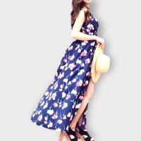 P015-115 PIMNADACLOSET - Smoot Satin Adjustable Spaghetti strap Smock Back Floral Print Front High Slit Maxi Dress