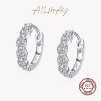 Ailmay Real 925 Sterling Silver Delicate Geometric Ear Buckles For Women Shining Zircon Hoop Earrings Fine Jewelry Wedding Gift