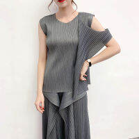 Pleated Suit 2021 Spring New Irregular Top Casual Straight Pants Two-Piece Set