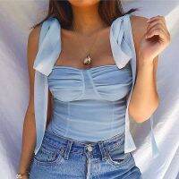 OMG European and American style lace-up bowknot babes niche camisole worn outside the waist with ins one-shoulder top Original