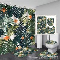 【hot】✵♞  Leaves and Flowers Printed Shower Curtain Set Toilet Polyester Cover Non-slip Lid Fashion