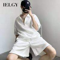 IELGY กางเกงขาสั้นแขนสั้นสำหรับฤดูร้อน,ชุดสูทลำลองสองชิ้นแขนครึ่งหลวมเนื้อผ้า