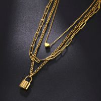 Stainless Steel Gold Color Lock Necklace for Women Hip Hop Three Layer Chain Necklace Padlock Pendant Choker Jewelry Fashion Chain Necklaces