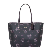 กระเป๋าสะพาย COACH แท้ ใช้ได้ 2 ด้าน คุ้มมาก  Signature coated canvas ลายดอกไม้ น่ารักมาก COACH 78283 REVERSIBLE CITY TOTE WITH RIBBON BOUQUET PRINT BLACK OXBLOOD