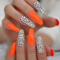 Bright Neon Orange Press on False Nails 3D Diamond Extra Long Coffin Ballerina UV Fingersnails Free Adhesive Tapes