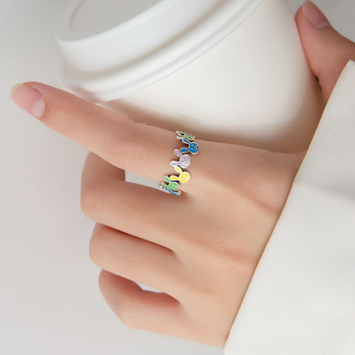 แหวนกระต่ายสีสันผู้หญิงแบบไม่สม่ำเสมอ-แหวนย้อนยุคเรียบง่าย925เงินสเตอร์ลิงวันเกิดทำมือสไตล์
