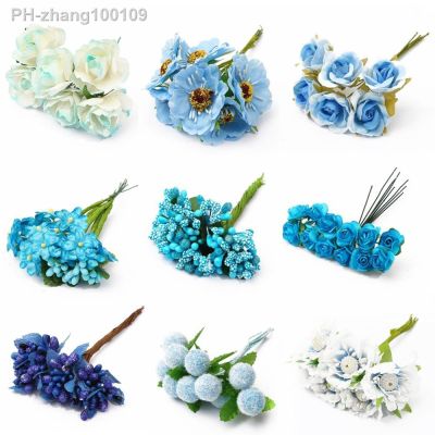 2020 Artificial Blue Flower Bouquet Cherry Branch Stamen Berries Bundle DIY Christmas Wedding Cake Gift Box Wreaths Party Decor