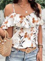 xixibeauty Boho Floral Print Spaghetti Blouse , Vacation Cold Shoulder Ruffle Trim Summer Tops , Womens Clothing