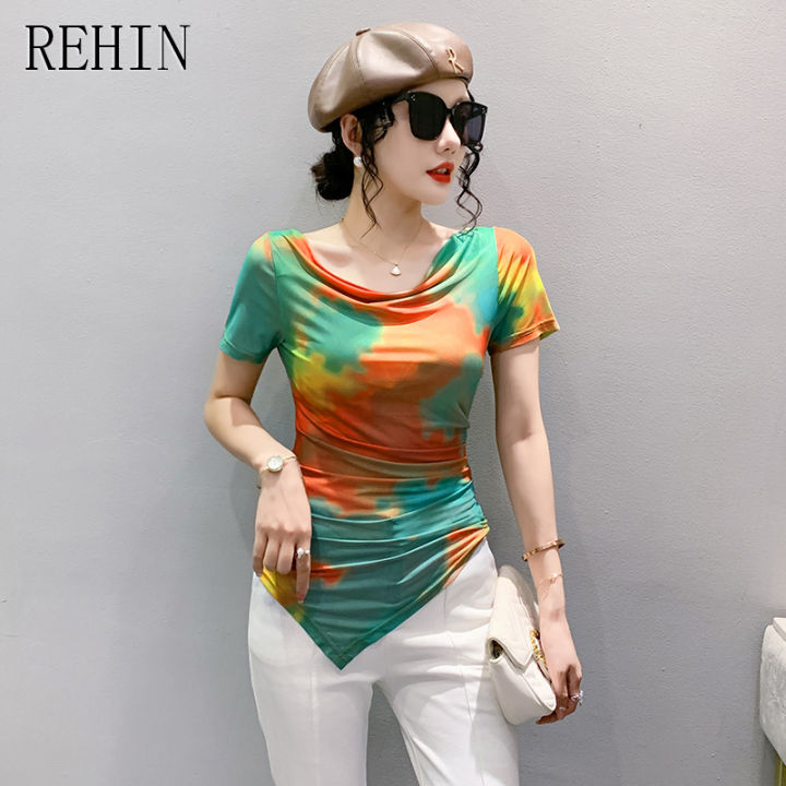 rehin-เสื้อผู้หญิงไม่เหมือนใครแฟชั่นใหม่ฤดูร้อนเสื้อยืดแขนสั้นพิมพ์ลายหมึกสีสันสดใส