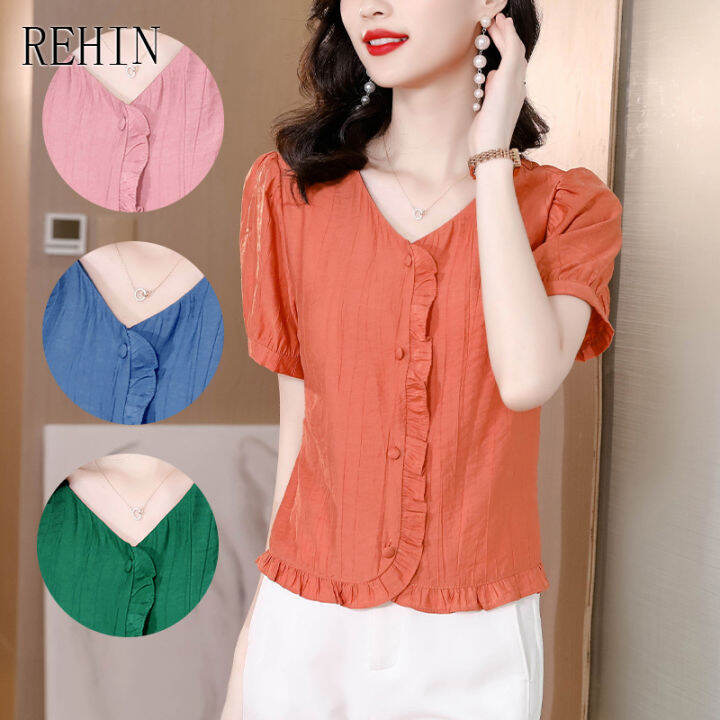 rehin-เสื้อสตรีฤดูร้อนใหม่พลัสขนาดเสื้อแขนสั้นผ้าฝ้ายและผ้าลินิน-ruffle-v-คอเสื้อระบายอากาศ