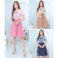 DW1042-DRESS WORLD - เดรสคอผูกสกอตกระโปรงบาน