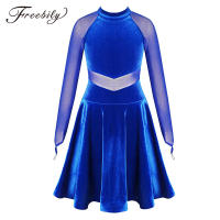 Kids Child Girls Latin Dance Dress Velvet Long Sleeve Mesh Patchwork Latin Dance Costume Ballroom Tango Swing Dresses