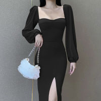 Autumn and Winter Sexy Long-Sleeved Dress with Slits Slim Puff-Sleeved Halter Long Dress