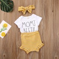 0-18M  Baby Girls Boys Clothes Sets  Letter Print White Short Sleeve Romper Tops+Yellow Striped Shorts+Yellow Striped Headband  by Hs2023