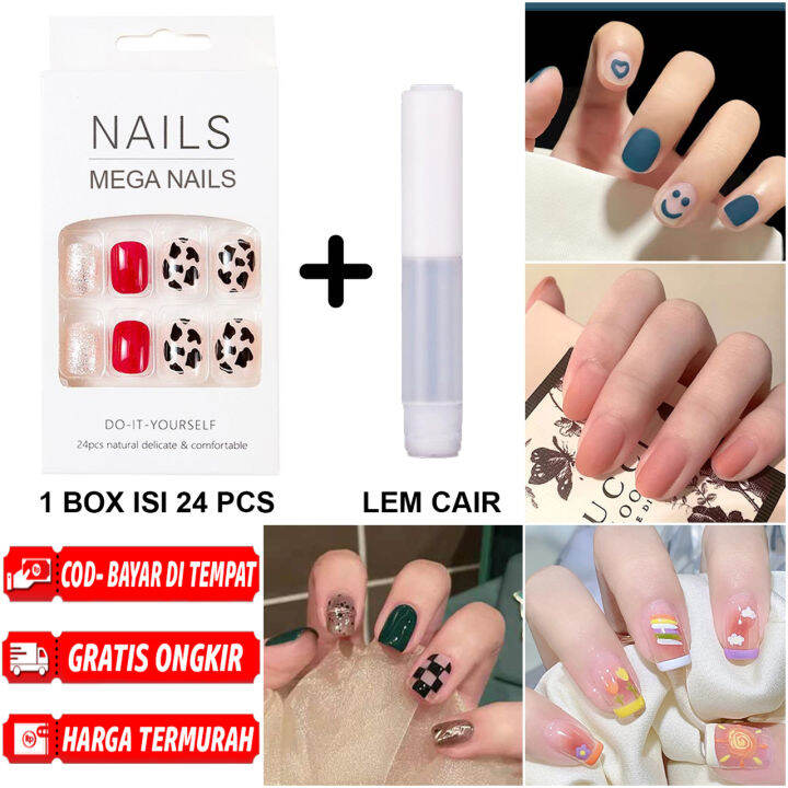 [bagian 1] Kuku Palsu Motif 24pcs Lem Cair 2 Gram Nail Art Kuku