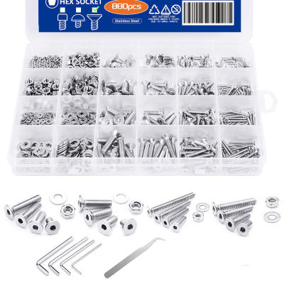 880Pcs Countersunk Flat Head Hexagon Set Socket Screw M2 M3 M4 M5 304 Stainless Steel Bolts Nuts Washers Kit with Hex Wrenches