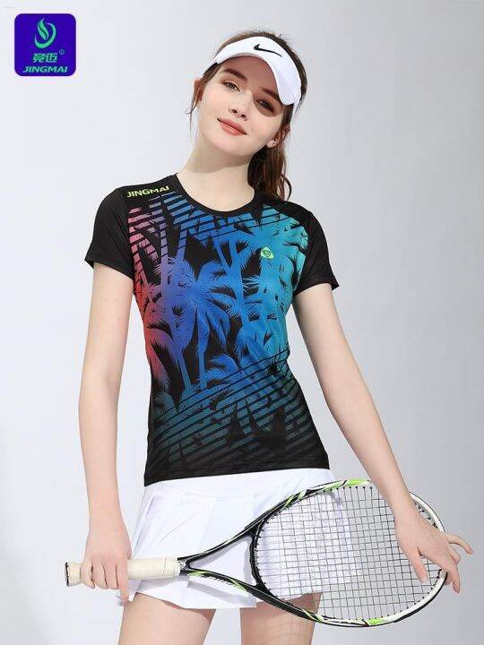 2023-jingmai-เสื้อผ้าเทนนิสใหม่ฤดูใบไม้ผลิและฤดูร้อนชุดสูทผู้หญิงเข้ารูปชุดกีฬาแบดมินตันชุดกีฬาแขนสั้นระบายอากาศสไตล์แห้งเร็วทันสมัย