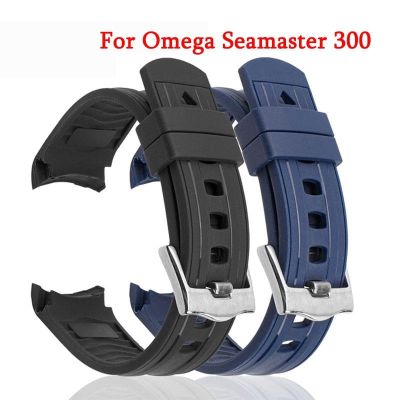 ⊙❧┅ สายนาฬิกายางซิลิโคนสำหรับ Omega Seamaster 300 เปลี่ยนสายหัวเข็มขัดสแตนเลส 20 มม.ปลายโค้งสีดำสายรัดข้อมือนุ่มสีฟ้า
