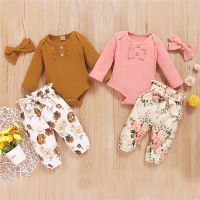 Newborn Baby Girl Clothes Set Solid Knitting Long Sleeve Bodysuit Tops Floral Pants Headband 3Pcs Outfits Casual Infant Clothing  by Hs2023