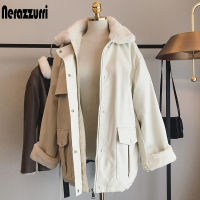 Nerazzurri Winter Oversized Leather Jacket Women with Faux Rex Rabbit Fur Inside Warm Soft Thickened Fur Lined Coat Long Sleeve
