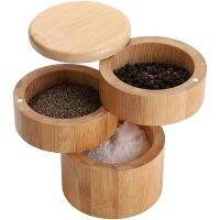 hotx【DT】 3 Tiers BoxBamboo Spice with Magnetic Swivel Lid for SaltSpicesSeasoningPepper Holder Cover