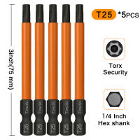 5Pcs T20 T25 Torx ไขควง Bits 1/4 นิ้ว Hex Shank Magentic Torx Bit Set 75mm Torx Head Drill Bits-DCVS STORE