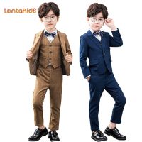 lontakids 4Pcs เด็กวัยหัดเดิน Boys 2-11ปีชุดสูทสำหรับสตรีเด็กอย่างเป็นทางการวันเกิดเสื้อผ้าสำหรับงานปาร์ตี้เสื้อกั๊กตัวยาวกางเกงชุดสูทแบบประดับโบว์สำหรับเปียโนสำหรับเด็กชุดเครื่องแต่งกาย