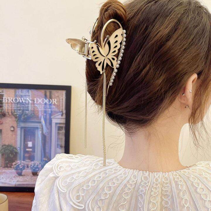 new-pearl-hair-clip-butterfly-grab-clip-large-elegant-ladies-tassel-metal-hair-clip