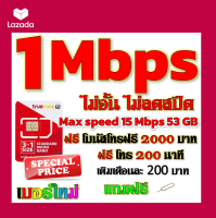 ✅โปรเทพ 1 mbps ไม่อั้นไม่ลดสปีด Max speed 15 mbps มีโทรฟรีทุกเครือข่ายโบนัส2000+200นาที แถมฟรีเข็มจิ้มซิม✅