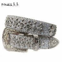 2 NOWISBB Silvery Rhinestone Belts For Women Men Y2K Leather Strap Crystal Studded Western Cowgirl Cowboy Diamond Bling Bling Belt