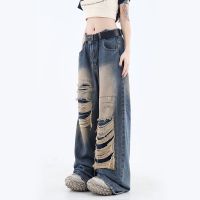 【CC】✉▲  Hole Jeans Bf Waist Hip Hop Loose Wide Leg Pants Korean Straight Denim New