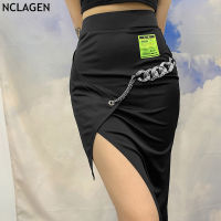 NCLAGEN Women Long Skirt Patchwork Asymmetry Split Fitness Hip Package Bodycon Chain High Waist Street Fashion Lady Club Skirts