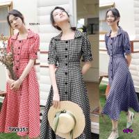 P9351 แม็กซี่เดรสลายสก็อตติดกระดุมหน้า  Plaid striped maxi dress with button front