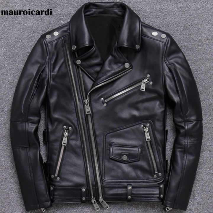 Mauroicardi Spring Black Pu kulit jaket motosikal untuk lelaki a Long ...