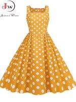 ฤดูร้อนชุดปาร์ตี้วินเทจสำหรับผู้หญิงสายสปาเก็ตตี้ Polka Dot Fit และ Flare Elegant Midi Sundress