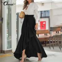 (HOT) ผู้หญิง Fishtail Maxi กระโปรง Celmia 2022ฤดูร้อนสูงเอว Belted Casual หลวมกระโปรงแฟชั่น Ruffles กระโปรง Robe