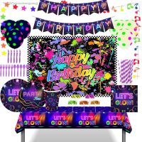 ☾▫♣ Neon Glow in The Dark Disco Music Birthday Party Disposable Tableware Sets Tablecloths Balloons Baby Shower Party Decorations