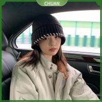 CHUAN หมวก Skullies ผ้าขนสัตว์อบอุ่น ผู้หญิง หมวกถักผ้าแคชเมียร์ หมวกชาวประมง หมวกฤดูหนาว แถบหนา