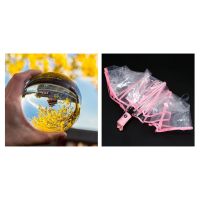 1Pcs 40Mm Clear Glass Crystal Ball Healing Sphere Photography Props Gifts &amp; 1Pcs Automatic Umbrella Rain Compact Folding Windproof Style Clear Umbrella,Transparent + Pink Border