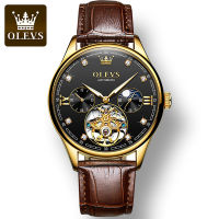 OLEVS 3601 Automatic Mechanical Waterproof Watch For Men Fashion Genuine Leather Band Men Wristwatch Luminous Moon Phase 24-hour Indication Perspective Window