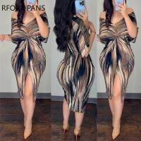 【YF】 Women Elegant Off Shoulder Half Long Sleeves All Over Print Midi High Silt Bodycon Skinny Dresses