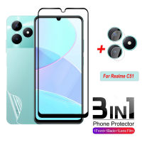 3 In 1ปกป้องหน้าจอสำหรับ Realme C51 C55 C35 C 51 C 53 Nfc Real Me Realme C51 2023 9D ขอบสีดำกระจกนิรภัยใสคลุมทั้งหมดฟิล์มกันรอยด้านหน้าหลังไฮโดรเจลเลนส์กล้องถ่ายรูป C53