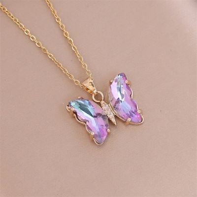 JDY6H New Korean Super Fairy Girl Fantasy Glass Crystal Butterfly Pendant Necklace Female Clavicle Chain Popular Necklace