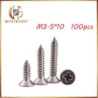 100pcs GB846 M3.5x10mm 304 Stainless Steel flat head cross Countersunk head self tapping screw M3.9 boltsnails