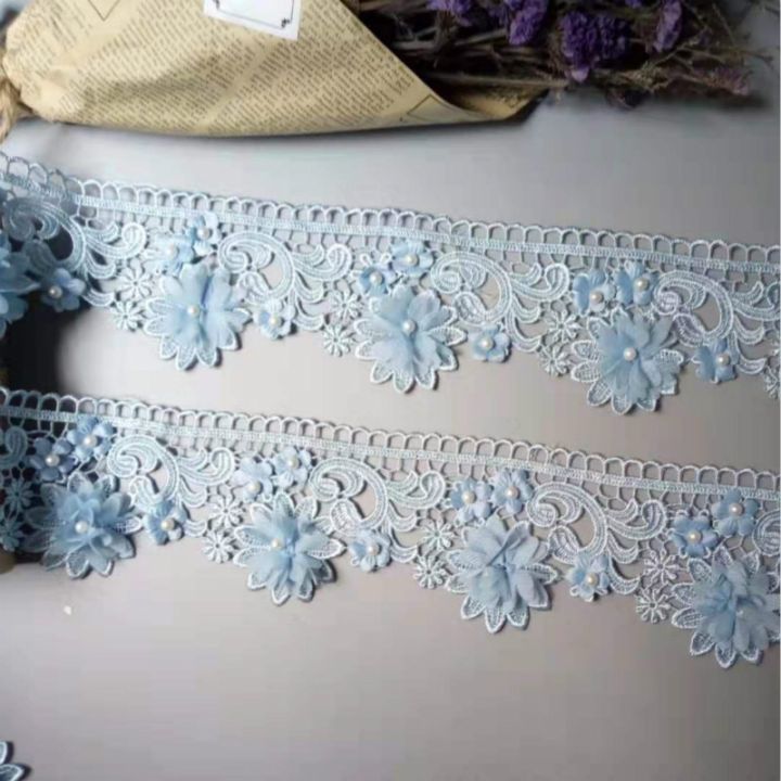 1หลาสีน้ำเงิน9ซมมุก3d-ดอกไม้พู่ลูกไม้ขอบริบบิ้นผ้าลายปักงานฝีมือตัดเย็บเสื้อผ้าชุดแต่งงาน