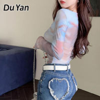 Du YAN เสื้อคอกลมบางผู้หญิง,เสื้อตาข่ายป้องกันแสงแดดสีน้ำเงินแขนยาวเสื้อนอกผู้หญิงเสื้อผ้าสั้น