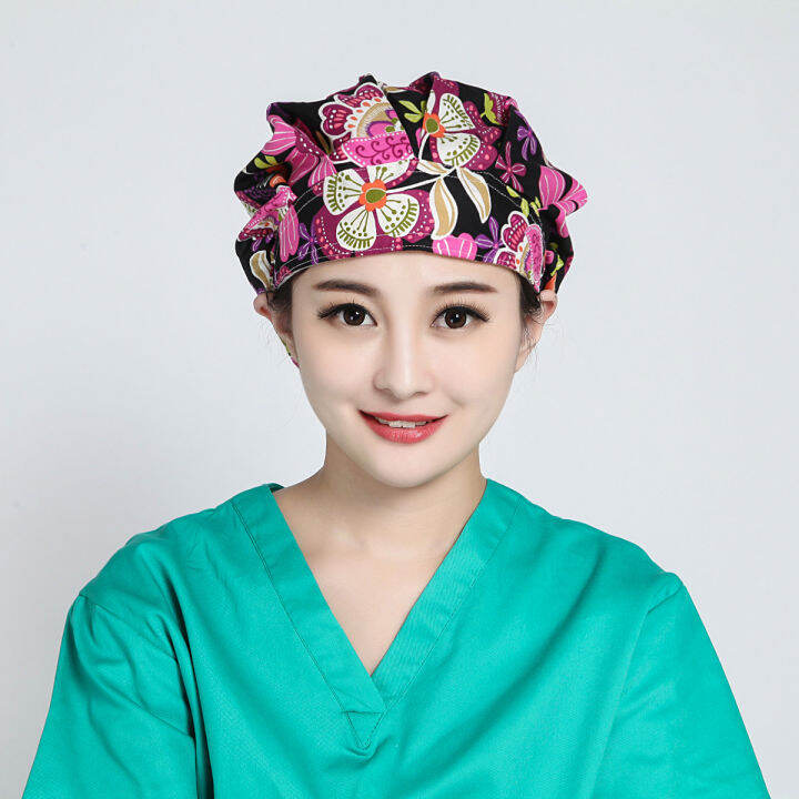 operating-room-cap-female-doctor-nurse-long-hair-elastic-band-cotton-puffy-printed-cute-dustproof-laboratory-work-cap