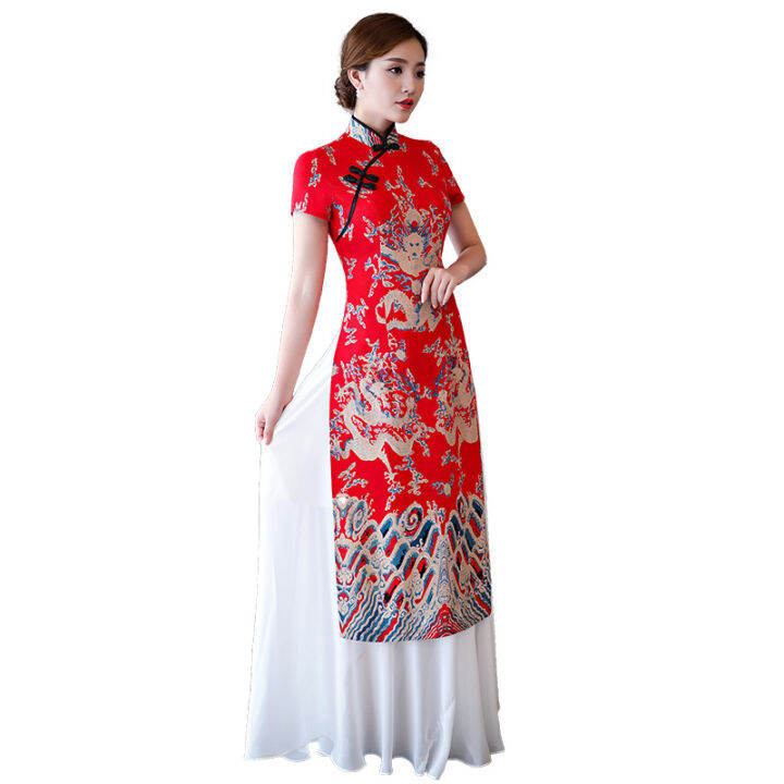 เวียดนาม-ao-dai-cheongsam-ชุดยาว2022มารยาทจีนปรับปรุงทุกวันแม่-cheongsam-แขนสั้นผู้หญิง